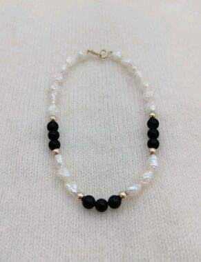 14K Gold VTG Bracelet Signed IPS Black Onyx/ Tourmaline & Seed Pearl Bracelet 7”